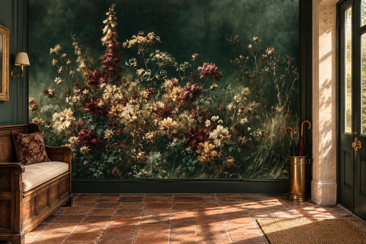 Ivory and burgundy wildflower wallpaper mural in an entry hall with a wooden settle bench and a terracotta floor