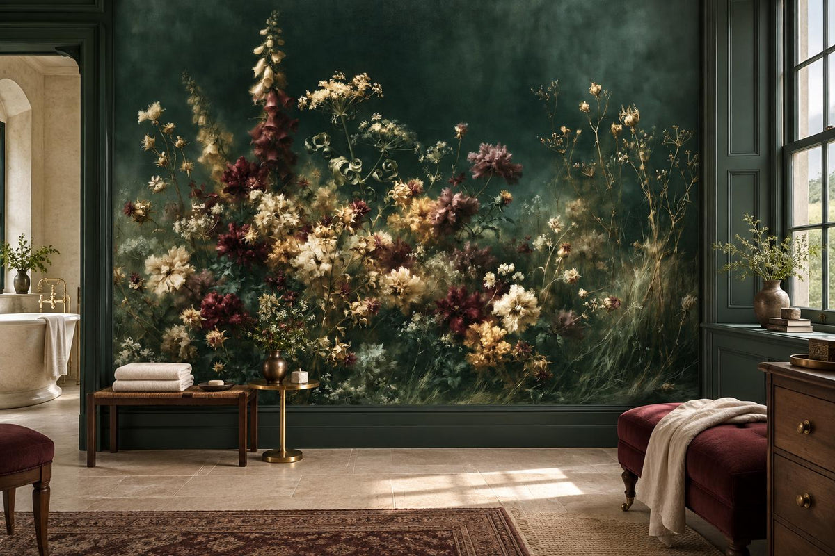 Moody dark green floral mural in a lounge with a freestanding tub, a burgundy bench and a Persian rug