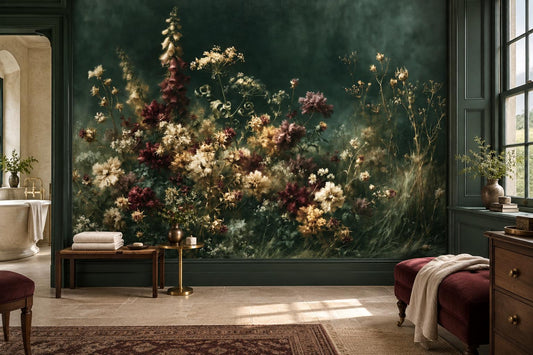 Moody dark green floral mural in a lounge with a freestanding tub, a burgundy bench and a Persian rug