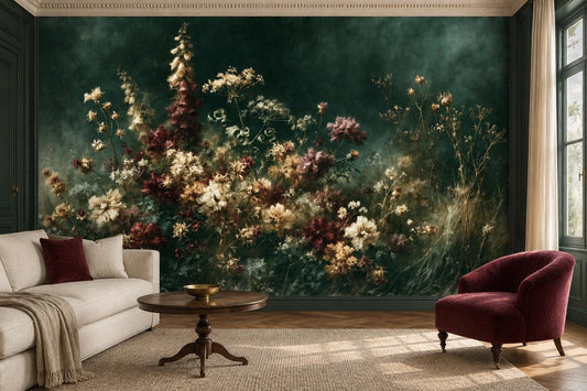 Dark green wildflower and foxglove wall mural in a living room with a cream sofa and a burgundy armchair