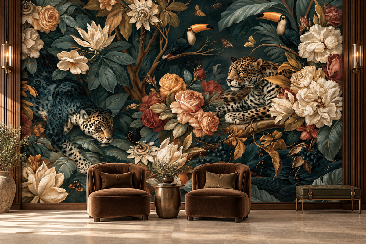 Dark jungle leopard and toucan floral mural behind two brown velvet chairs and a brass vase beside wood slat panels