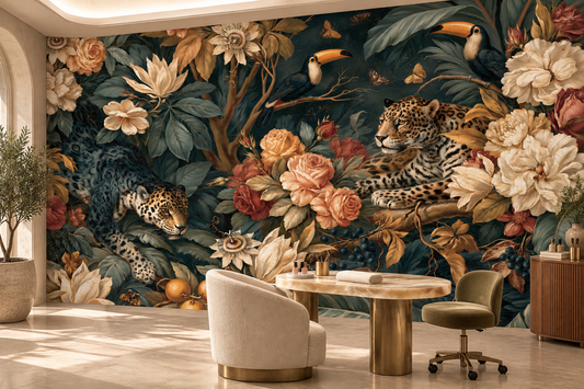Leopards, toucans and peonies mural in a reception with a gold pedestal desk, a cream chair and an olive chair near an arched doorway