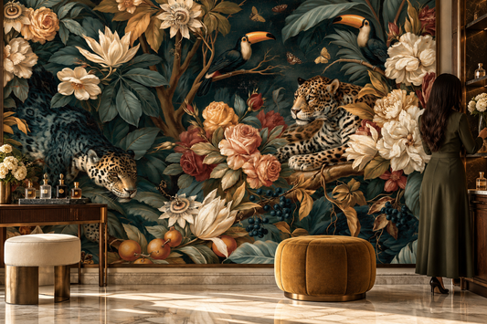 Dark jungle cats and toucan mural in a dressing area where a woman in an olive dress stands by a mustard pouf and a vanity