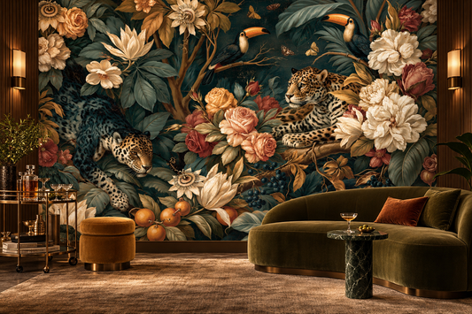 Jungle floral mural behind an olive velvet curved sofa, a mustard pouf, a bar cart and a marble side table
