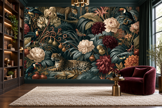 Dark jungle leopard and toucan mural in a library with lit bookshelves, a burgundy velvet chair, a gold side table and a shag rug
