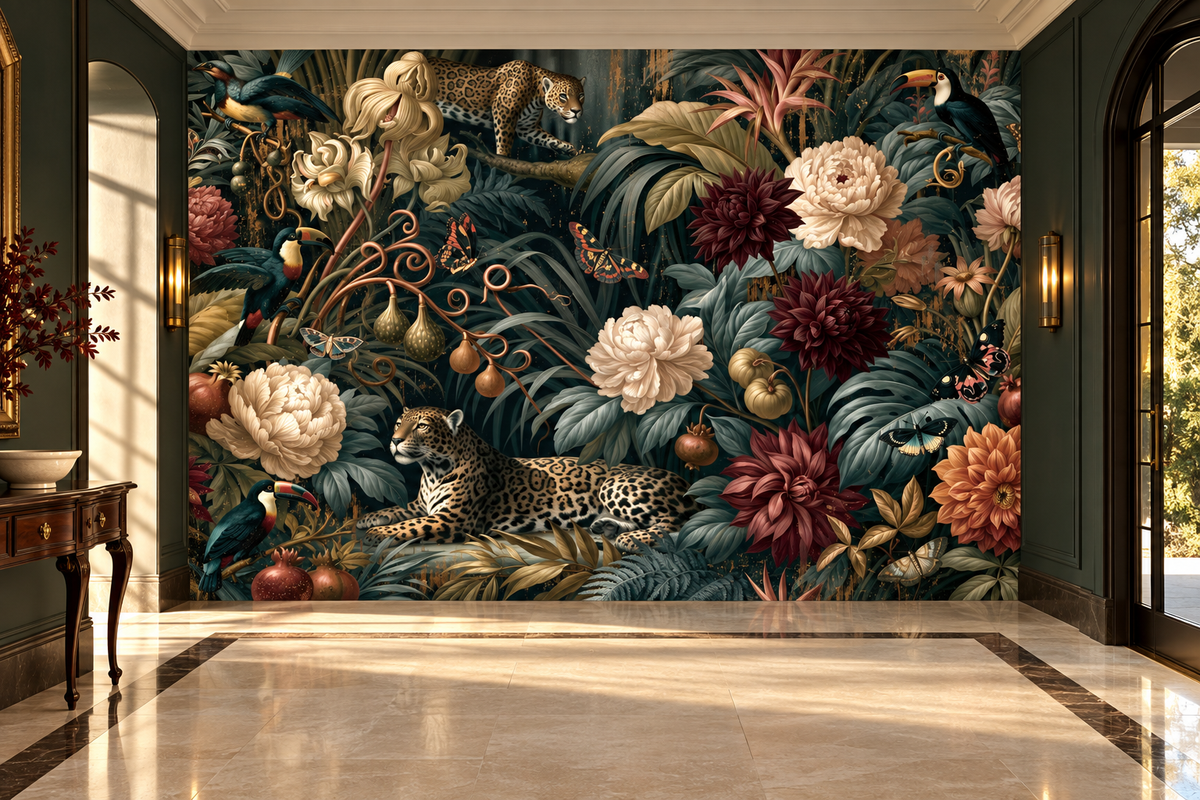 Leopard and toucan floral mural in a foyer with a console table, a marble floor with inlay, an arched door and wall sconces