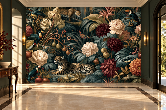 Leopard and toucan floral mural in a foyer with a console table, a marble floor with inlay, an arched door and wall sconces