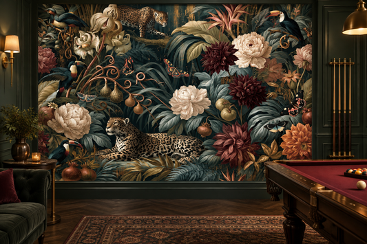 Jungle leopard mural in a billiards room with a red felt pool table, a cue rack, a green leather sofa and a Persian rug