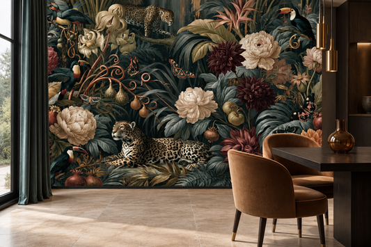 Dark jungle leopard and flower mural in a dining room with a dark table, caramel velvet chairs and glass pendant lights