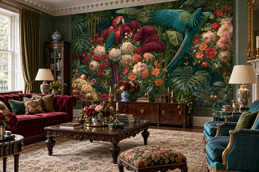 Dark jungle macaw mural behind a red tufted sofa, a dark wood coffee table and teal armchairs on a Persian rug