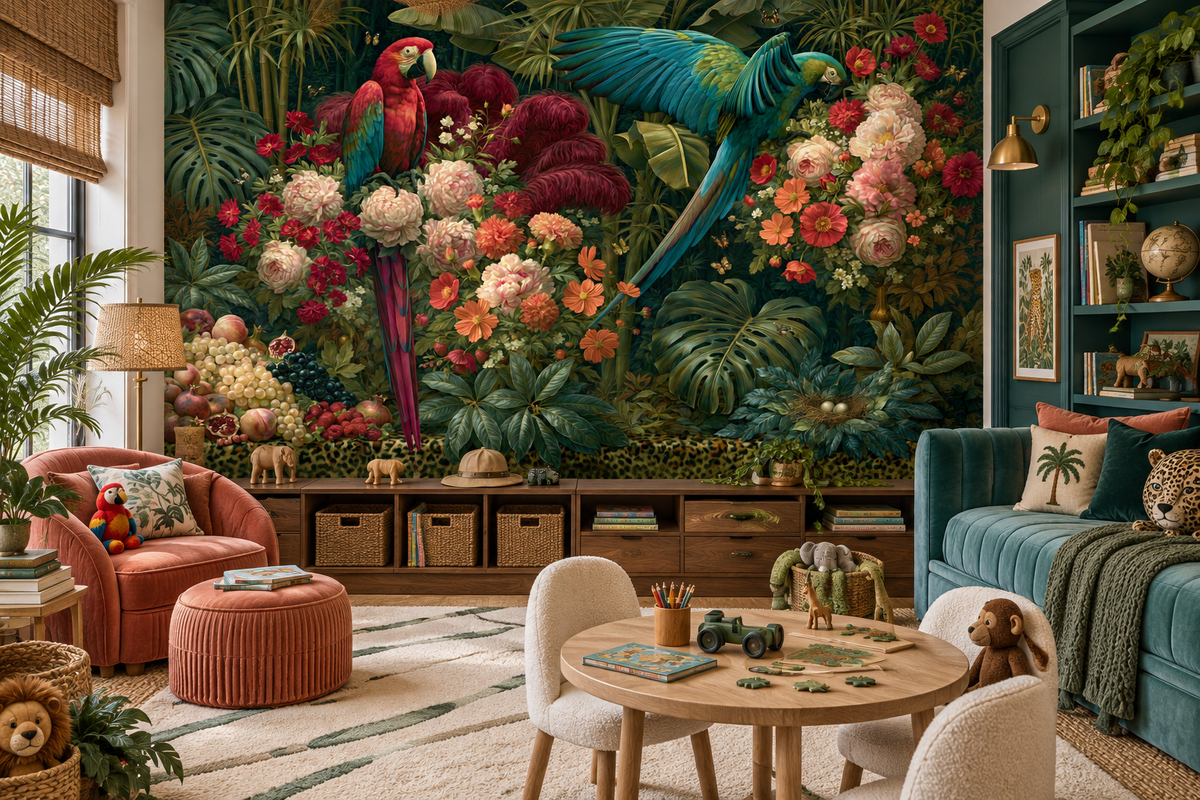Macaw and flower jungle mural in a playroom with a coral chair and pouf, a round play table, rattan storage and toys