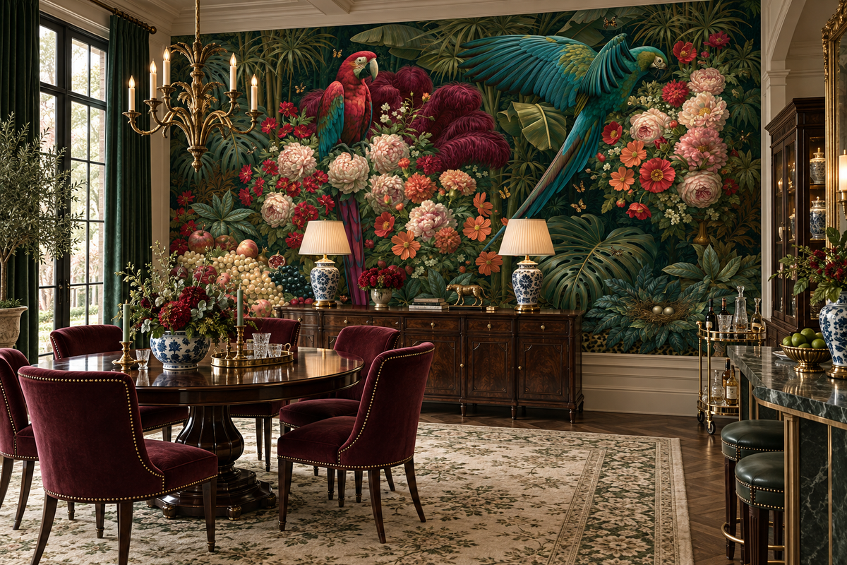 Red and blue macaw mural in a dining room with a round dark wood table, burgundy velvet chairs and a candle chandelier