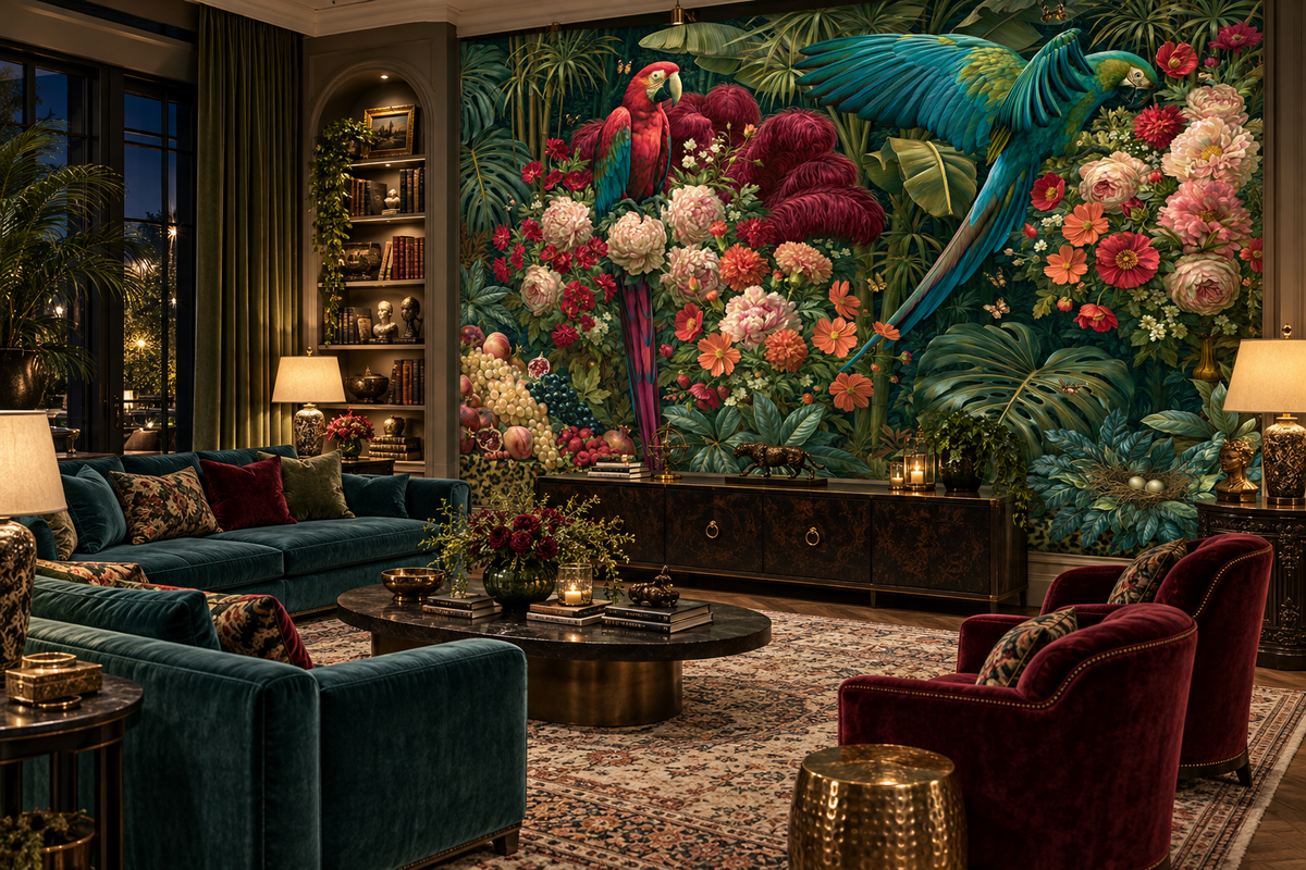 Macaw jungle mural in a library lounge with teal sofas, burgundy armchairs, bookshelves and a lit table lamp