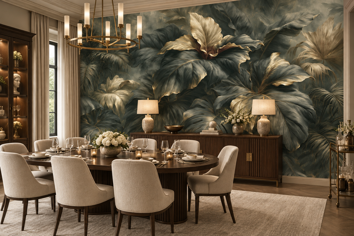 Olive tropical leaf mural in a dining room with an oval dark table, cream chairs, a chandelier and a bookcase