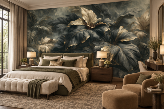 Dark olive and gold leaf mural behind a bed with an olive headboard, a tufted bench, an armchair and bedside lamps