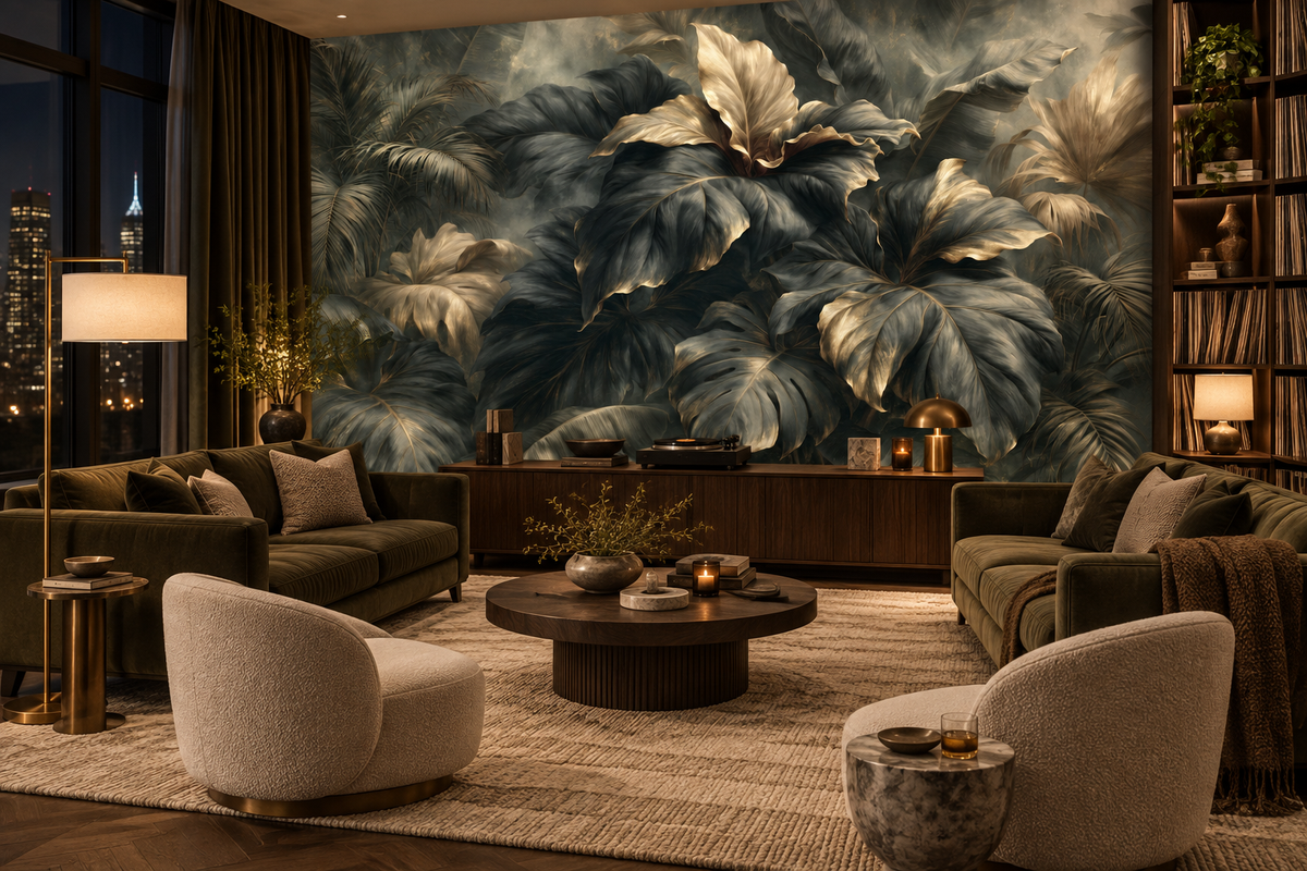 Champagne gold tropical leaf mural behind olive sofas, cream boucle chairs and a round fluted coffee table with a city view