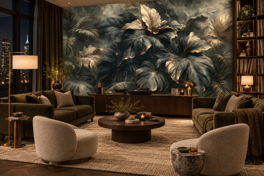 Champagne gold tropical leaf mural behind olive sofas, cream boucle chairs and a round fluted coffee table with a city view