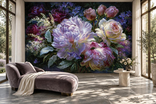 Dark purple peony wall mural in a sunlit lounge with a mauve velvet chaise and tall French windows
