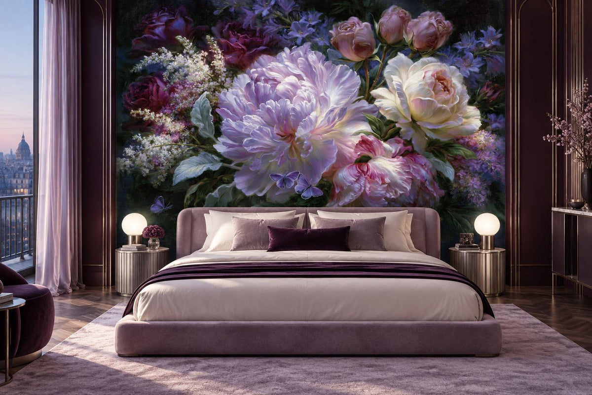 Lavender peony and rose wallpaper mural behind a lavender upholstered bed in a plum-paneled bedroom