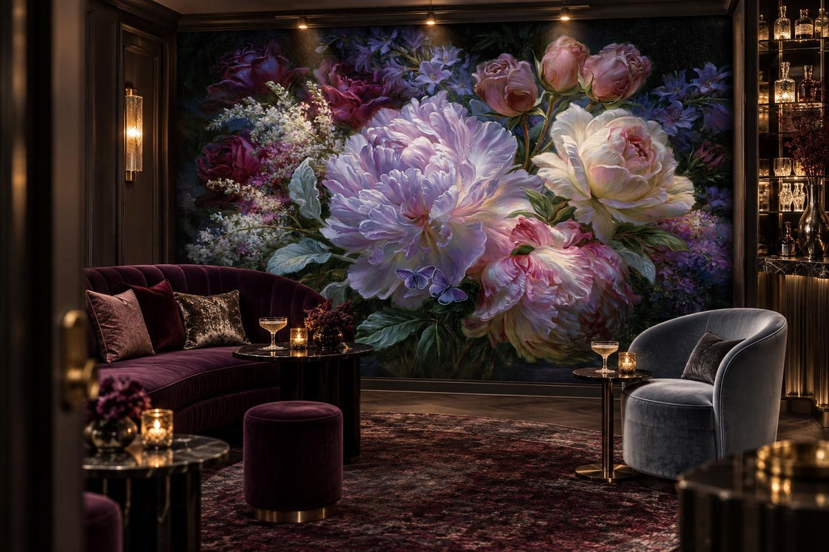 Moody purple floral mural in a cocktail lounge with a plum curved sofa and backlit bar shelving