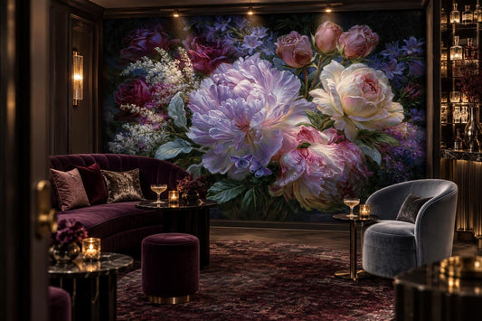 Moody purple floral mural in a cocktail lounge with a plum curved sofa and backlit bar shelving