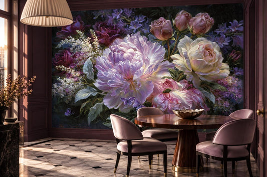 Dark purple peony and rose wall mural in a dining room with a round wood table and mauve chairs