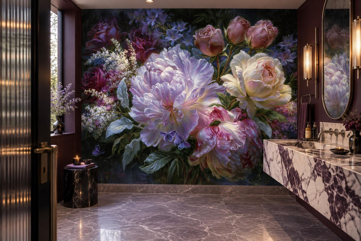 Midnight peony wall mural in a luxe powder room with a veined marble vanity and wall sconces