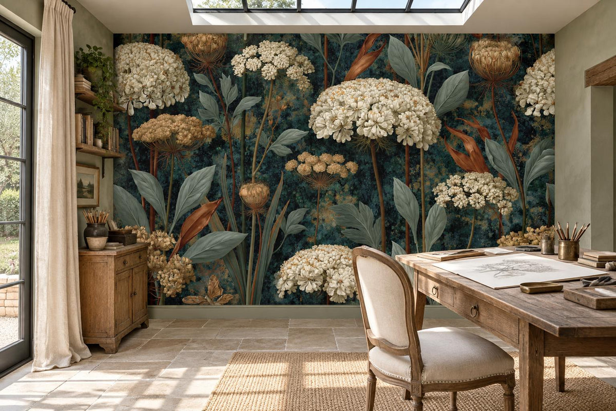 Dark teal wildflower wall mural with ivory lace flowers in a studio with a drafting table and a cane-backed chair