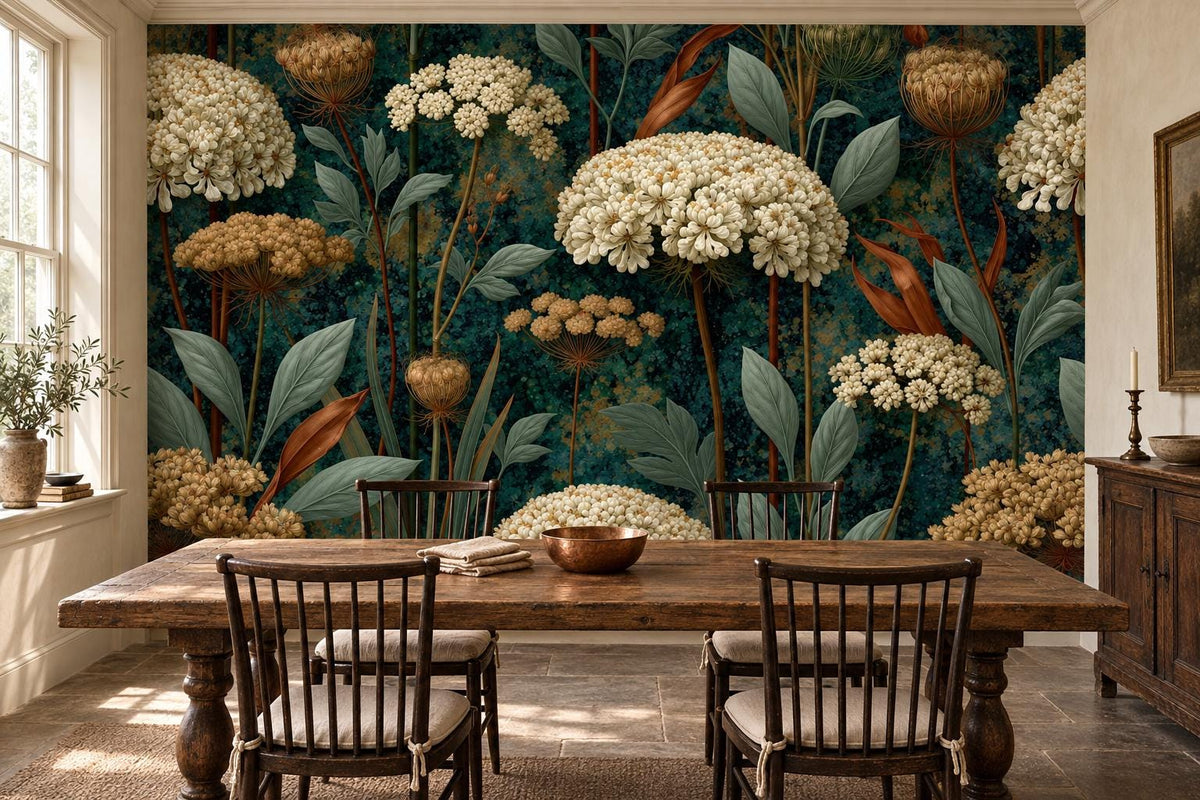 Ivory flower and rust leaf wallpaper mural behind a long farmhouse table with spindle chairs