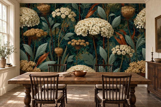 Ivory flower and rust leaf wallpaper mural behind a long farmhouse table with spindle chairs