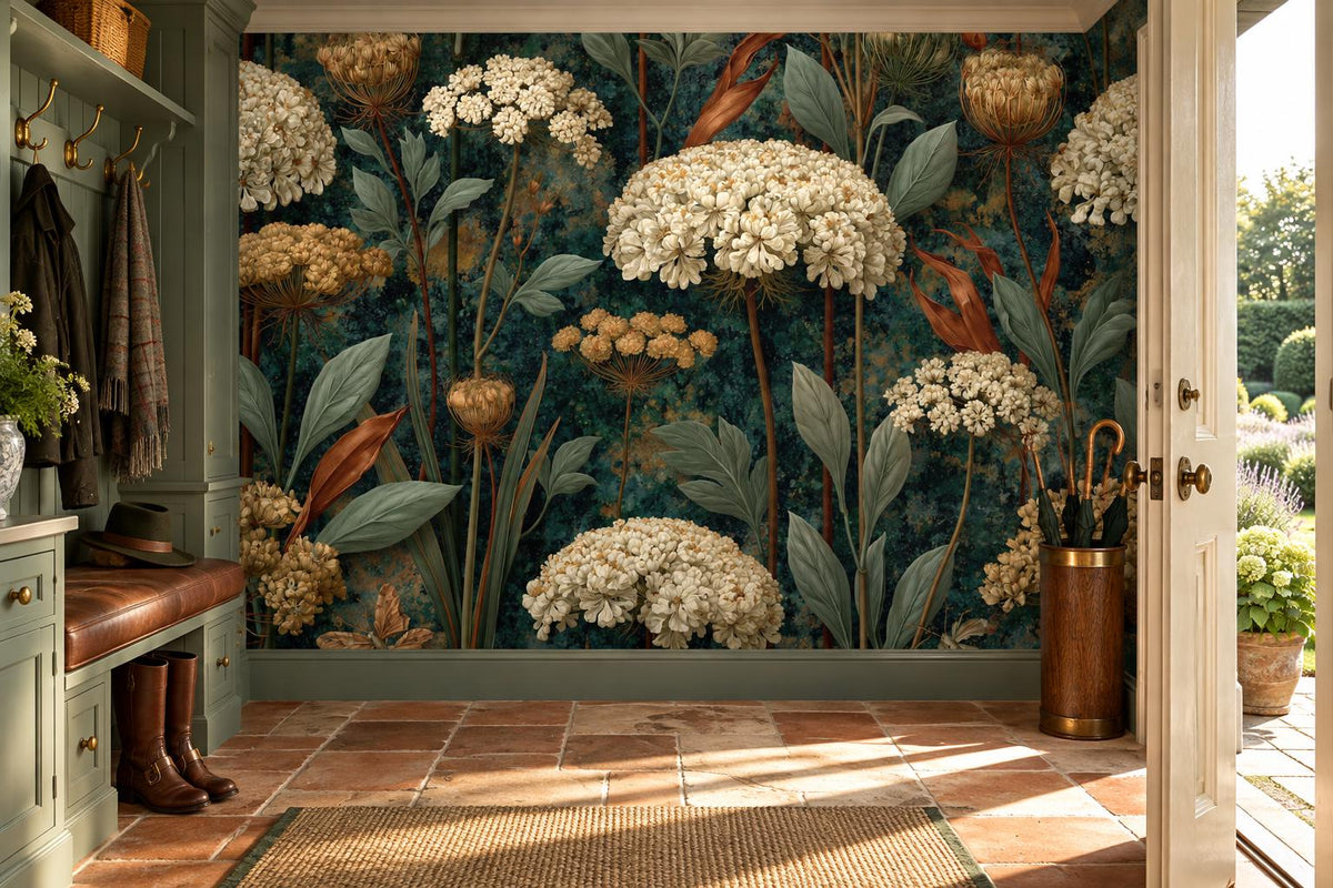 Dark teal botanical mural in a mudroom hall with sage cabinetry, a bench and a terracotta floor