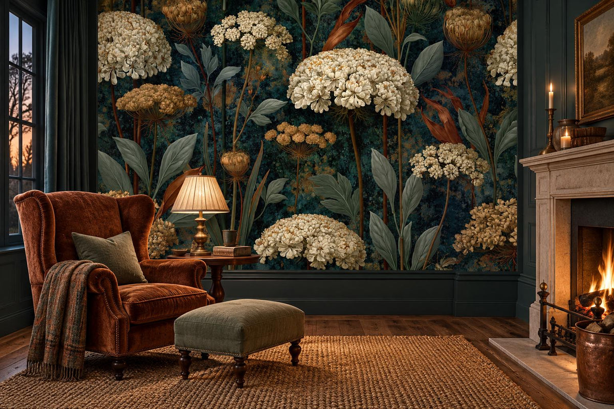 Teal and ivory wildflower wall mural in a den with a rust velvet wingback chair and a fireplace