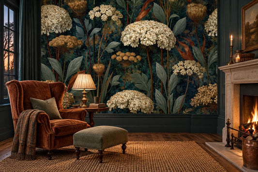 Teal and ivory wildflower wall mural in a den with a rust velvet wingback chair and a fireplace