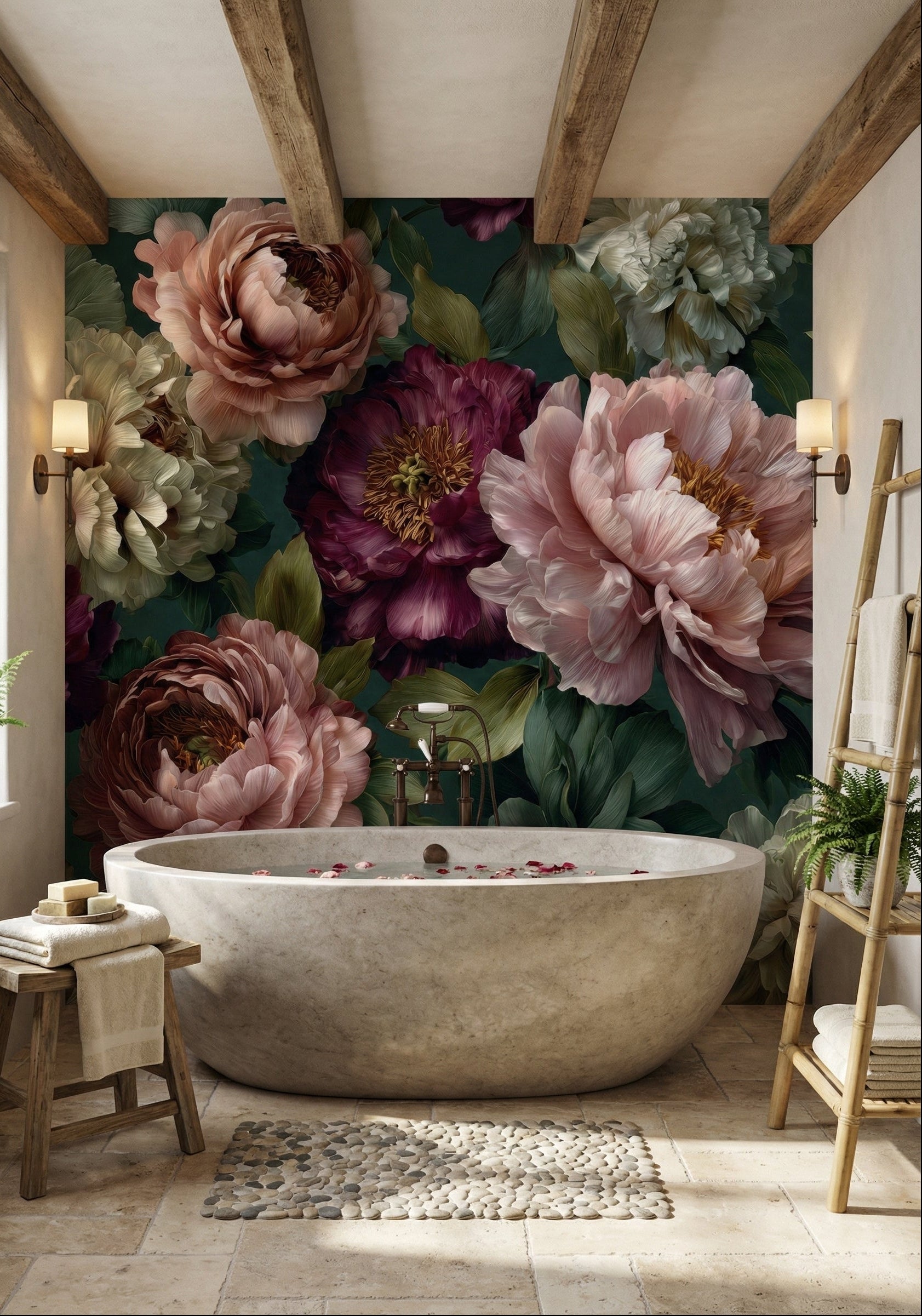 Bathroom with a large floral mural on the wall, featuring a freestanding bathtub.