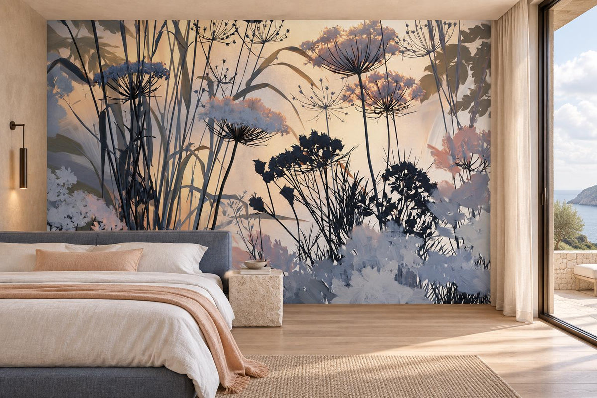 Dusty blue wildflower silhouette wall mural behind a bed with a peach throw and a sea-view window