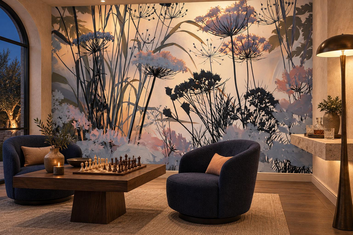 Golden hour meadow silhouette mural in a lounge with navy swivel chairs and a walnut coffee table with a chess set