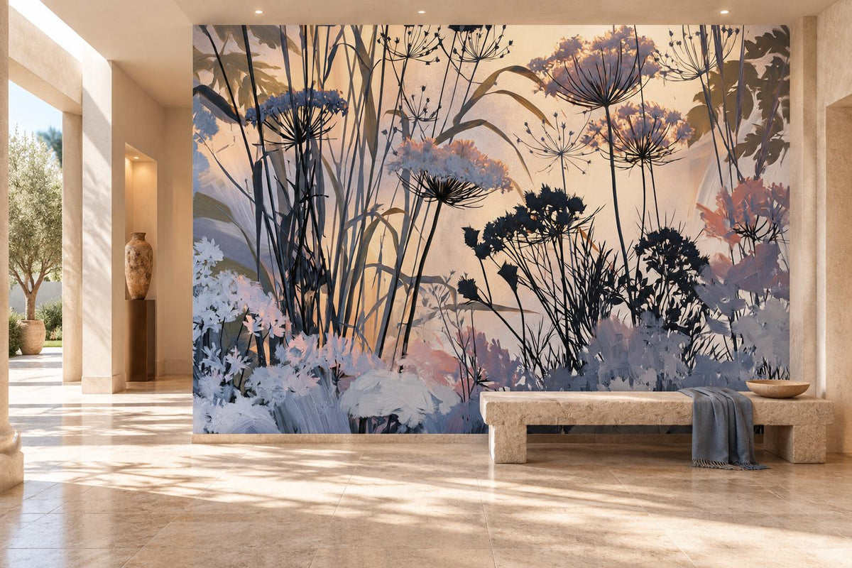 Blue and peach wildflower silhouette wall mural in a sunlit stone gallery with a limestone bench
