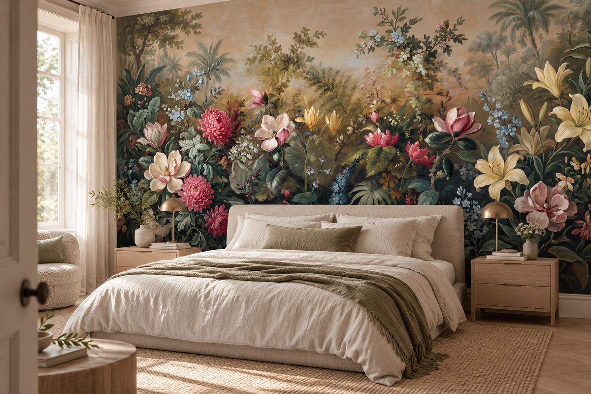 Vivid botanical mural behind a cream bed with an olive throw, light wood nightstands and brass dome lamps