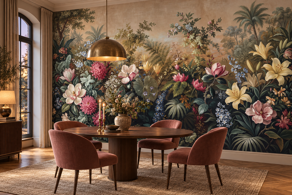 Magnolia and lily garden mural behind a round walnut dining table with four dusty rose velvet chairs and a brass pendant