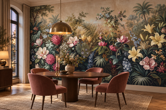 Magnolia and lily garden mural behind a round walnut dining table with four dusty rose velvet chairs and a brass pendant