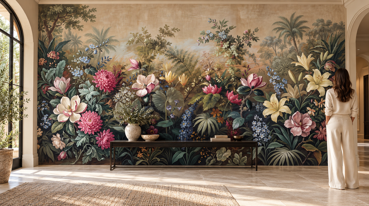 Enchanted garden mural in an arched entryway with a woman in cream looking at the wall above a dark console table