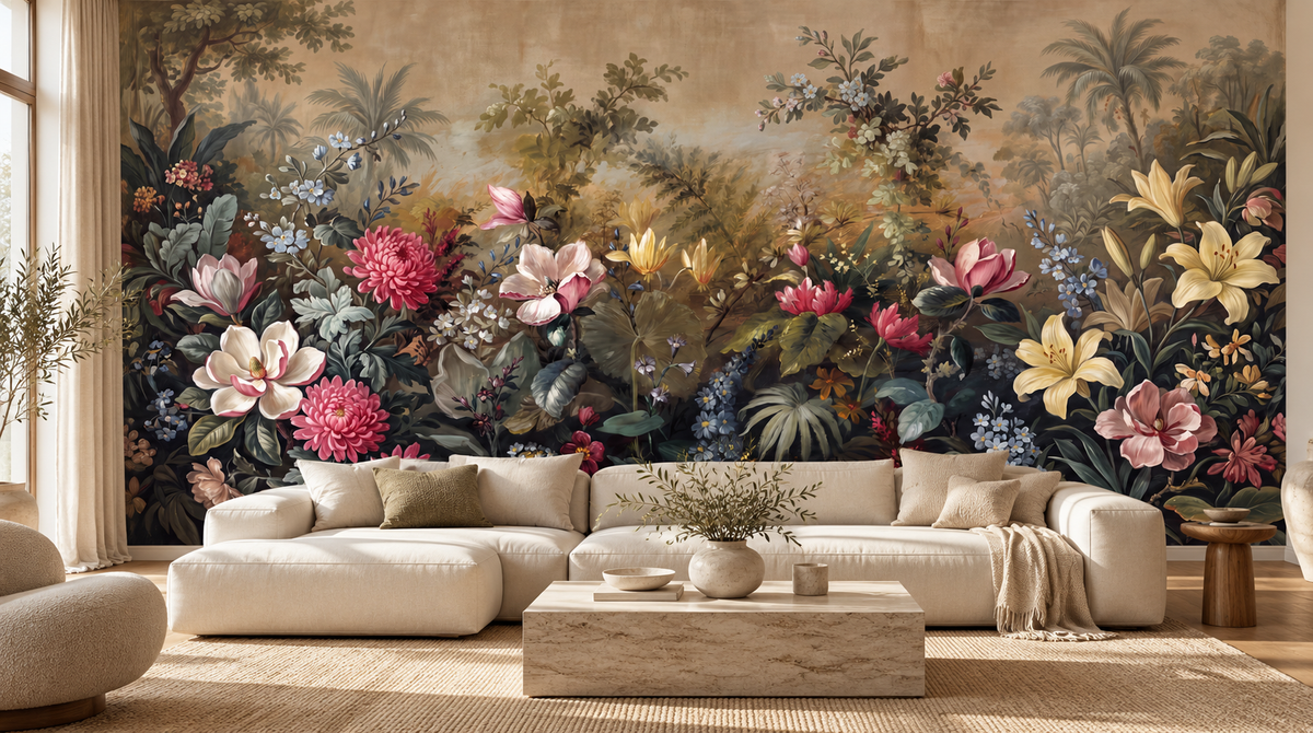Enchanted garden magnolia mural behind a cream sectional sofa, a travertine coffee table and a pair of olive branches