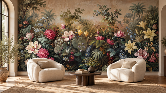 Painted garden mural behind two cream bouclé armchairs and a round dark wood coffee table beside arched windows