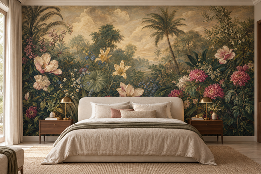 Palm and lily garden mural behind a cream bed with brass dome lamps and walnut nightstands