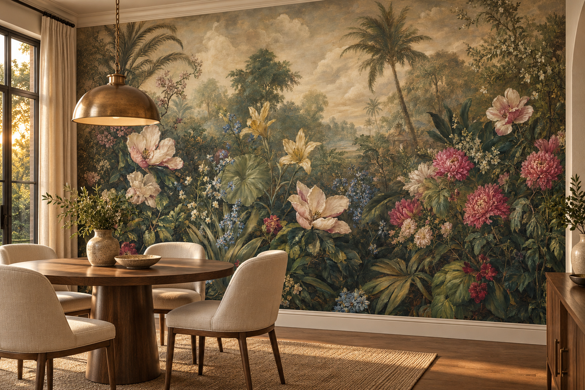 Golden hour garden mural behind a round walnut dining table with cream chairs and a brass pendant at sunset