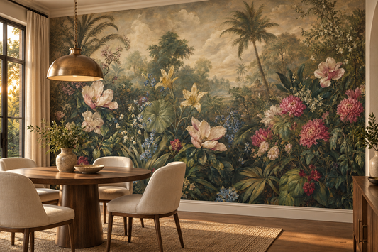 Golden hour garden mural behind a round walnut dining table with cream chairs and a brass pendant at sunset