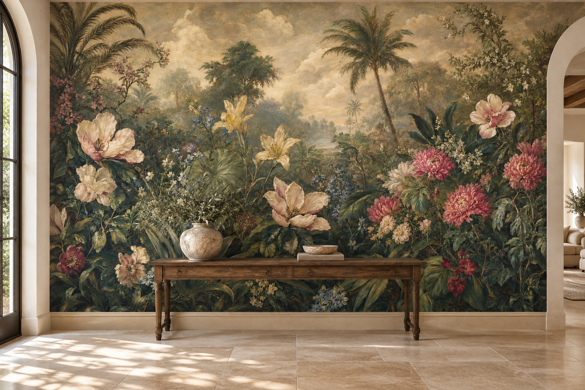 Golden hour garden mural above a dark wood console with a large stone vase in an arched entryway with travertine floor