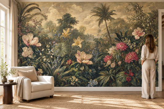Palm garden mural with a woman in linen standing beside a cream armchair and a round wood side table