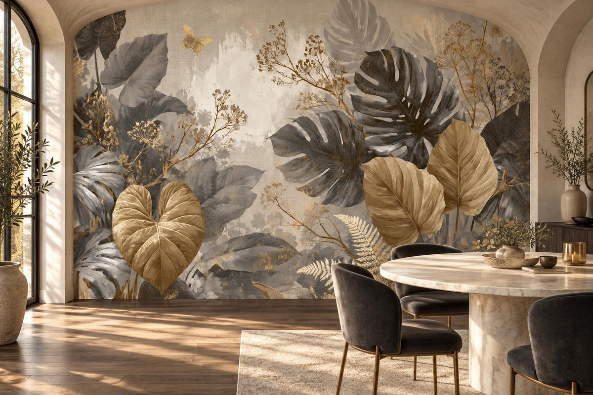 Gray and gold monstera leaf wall mural in a dining room with an arched alcove, a travertine table and charcoal chairs