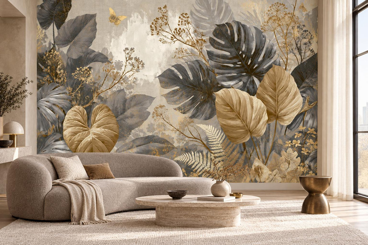 Neutral tropical leaf wallpaper mural behind a curved bouclé sofa and a travertine coffee table